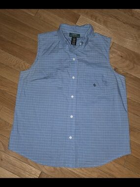 VINTAGE Ralph Lauren Blue and White Check Sleeveless ButtonDown Shirt SIZE LARGE